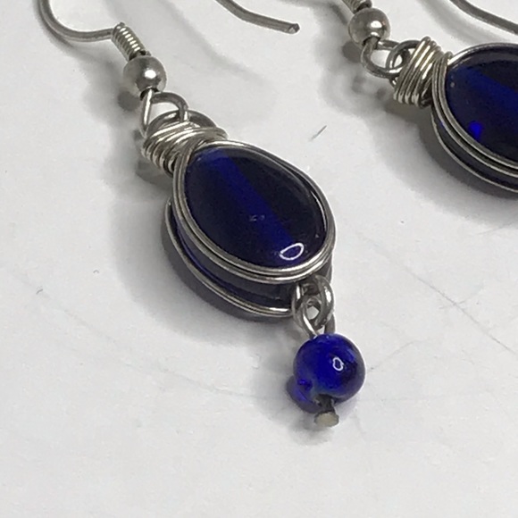 Blue Earrings Wire Pierced Artisan Made Dangle - Picture 6 of 6